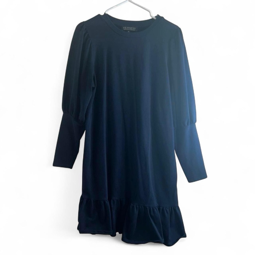Eloquii Navy Puff-Sleeve Ruffle-Hem Mini Dress - Picture 2 of 8